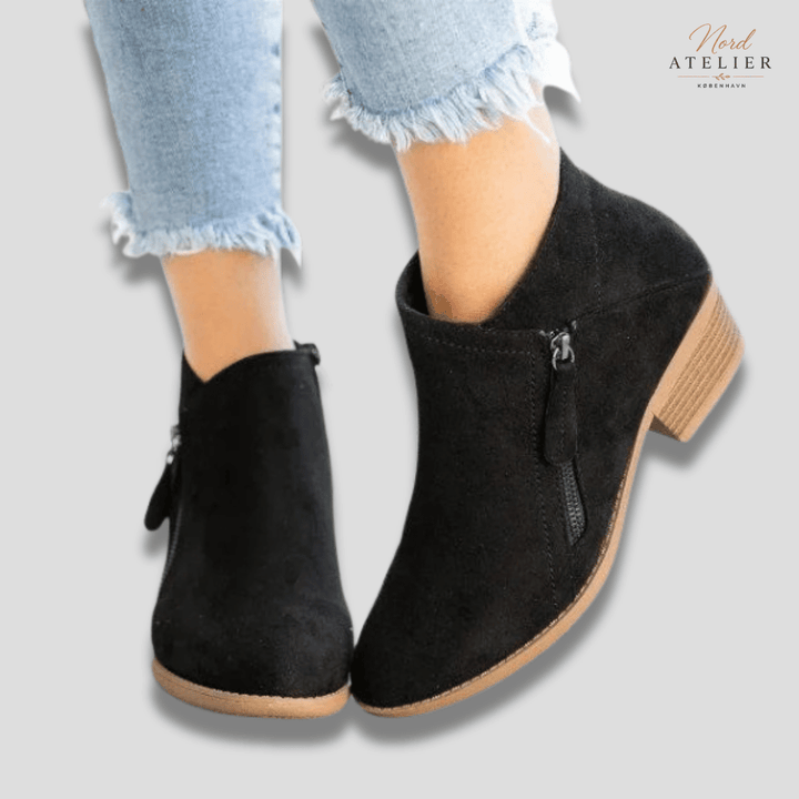 Dame støvler | Korte læderstøvler med lynlås og lav hæl